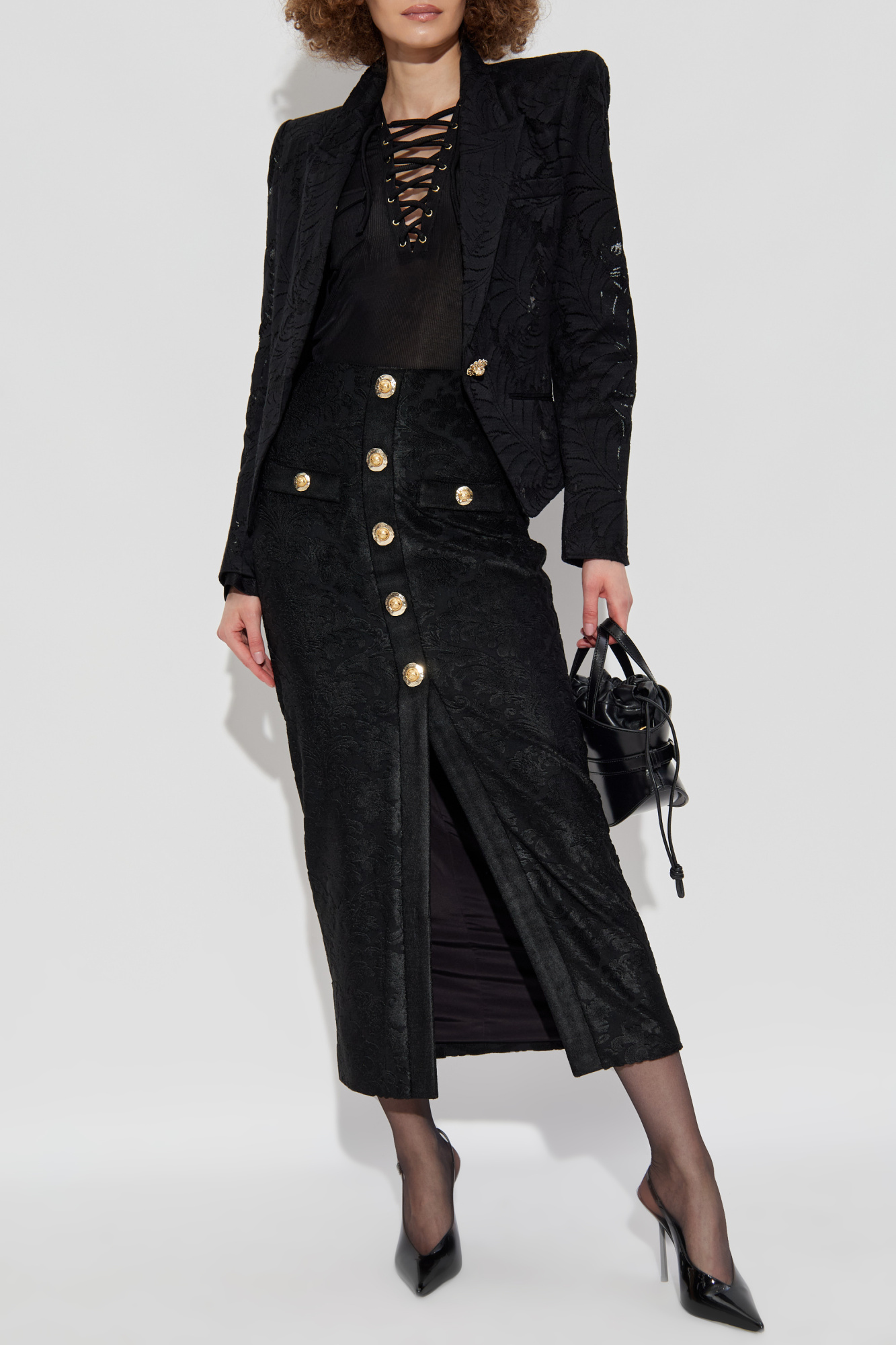 Balmain☆VIP価格 ツイード クロップド トップ XWFLT01H3 ロゴ入り クロップド丈 長袖